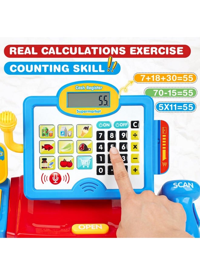 Cash Register Toy for Kids with Real Calculator, Cashier Register with Scanner/Weighter/Credit Card/ Play Money/ Food/Microphone, Pretend Play Store with Apron and Shoping Bag for Kids 4-8