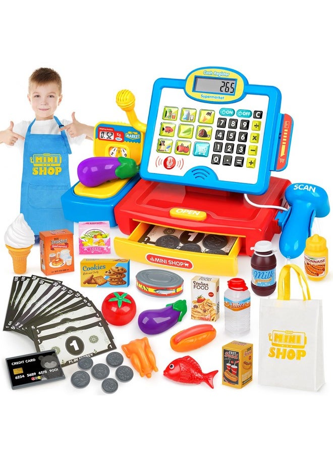 Cash Register Toy for Kids with Real Calculator, Cashier Register with Scanner/Weighter/Credit Card/ Play Money/ Food/Microphone, Pretend Play Store with Apron and Shoping Bag for Kids 4-8
