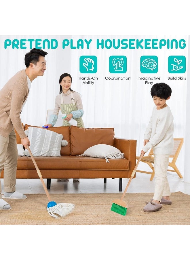 Wooden Montessori 6 Piece Cleaning Pretend and Play Mopping Toy Set for Boys and Girls Includes Broom, Brush, Dustpan, Mop Duster and Hanging Stand Kit for 3,4,5,6 Year Old Boy/Girl