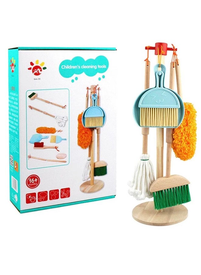 Wooden Montessori 6 Piece Cleaning Pretend and Play Mopping Toy Set for Boys and Girls Includes Broom, Brush, Dustpan, Mop Duster and Hanging Stand Kit for 3,4,5,6 Year Old Boy/Girl