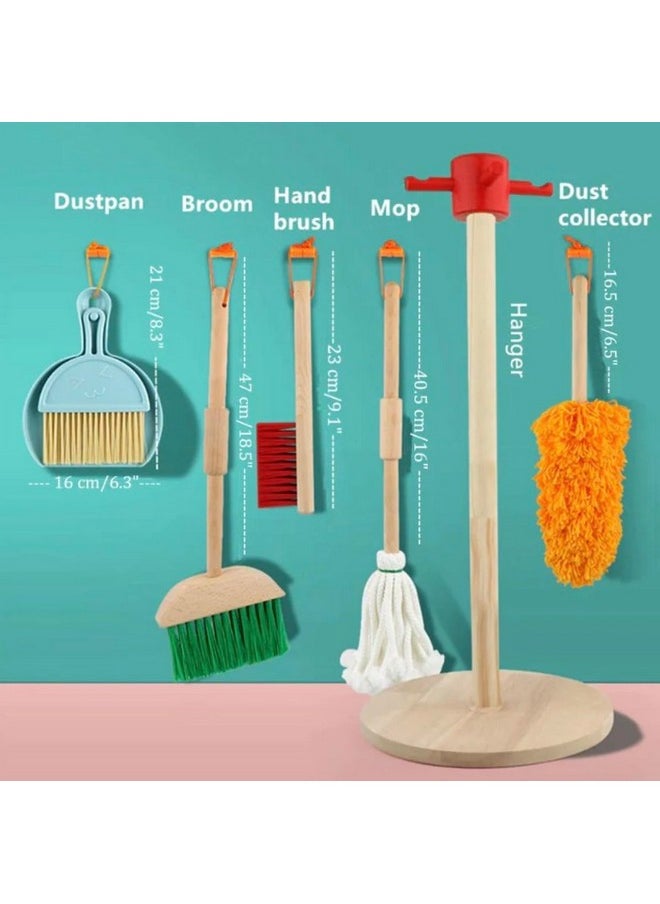 Wooden Montessori 6 Piece Cleaning Pretend and Play Mopping Toy Set for Boys and Girls Includes Broom, Brush, Dustpan, Mop Duster and Hanging Stand Kit for 3,4,5,6 Year Old Boy/Girl