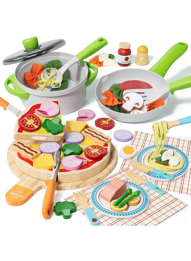 Lehoo Castle Play Food Sets for Kids Kitchen, Wooden Toys Play Kitchen Accessories with Pot and Pan, Pizza Toy Pretend Play for Toddlers 3-5, Realistic Pasta Felt Play Food Set, 3 Year Old Girl Gift