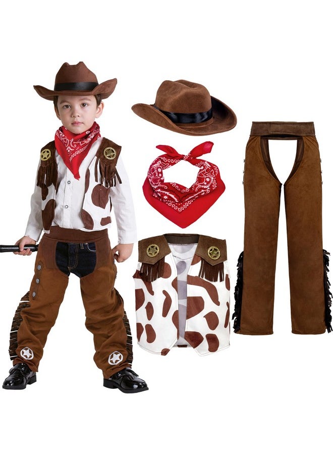 Spooktacular Creations Halloween Cowboy Costume for Boys, Kids Cowboy Costume Set, White&Brown Western Style Cowboy Outfit with Cowboy Hat for Toddler Dress-up, RolePlay Party (Small (5-7 YRS))