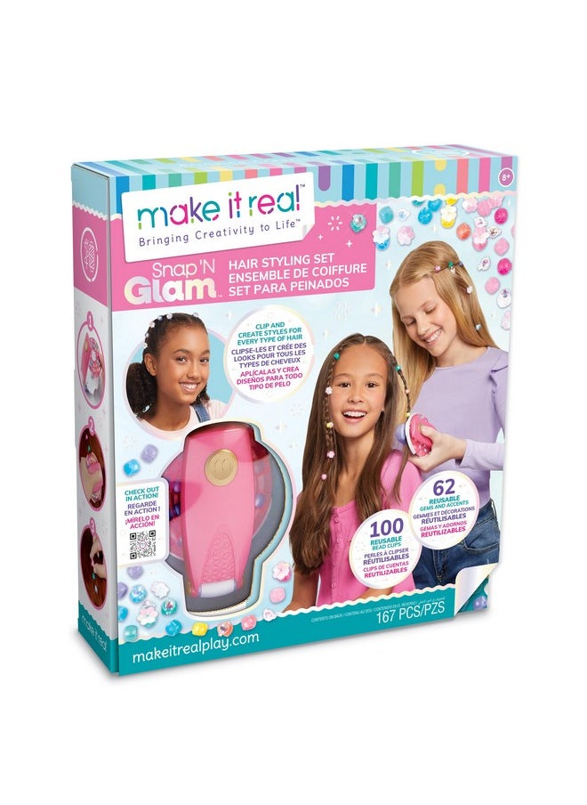 Make It Real Snap N' Glam Hair Styling Set - Create Unique Styles with 100 Reusable Bead Clips, Gems & Accents - Great for All Hair Types - Easy to Use, Remove, and Reuse - Fun Gift for Girls Ages 8