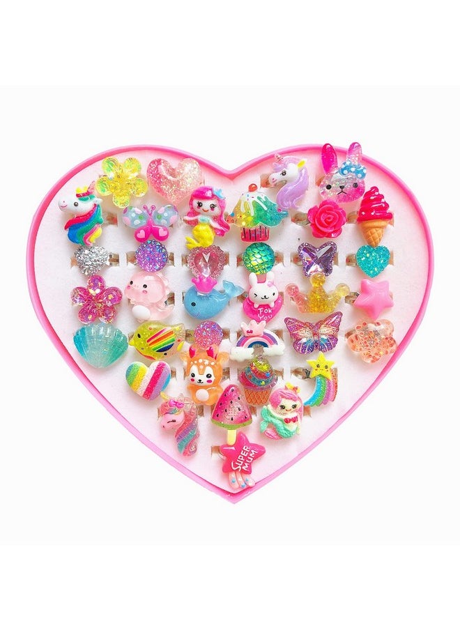 Elesa Miracle 36pcs Children Kids Little Girl Adjustable Jewelry Rings in Box Girl Pretend Play and Dress up Rings Birthday Gifts for Girls