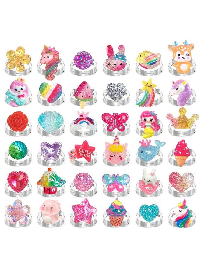 Elesa Miracle 36pcs Children Kids Little Girl Adjustable Jewelry Rings in Box Girl Pretend Play and Dress up Rings Birthday Gifts for Girls