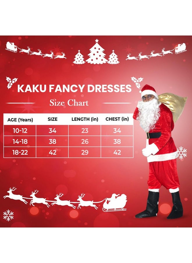 Kaku Fancy Dresses Santa Claus Heavy Beard Set With Gum Boot, Specs & Glove for Christmas in Velvet Fabric - Red & White 18-20 Years, For Boys & Girls