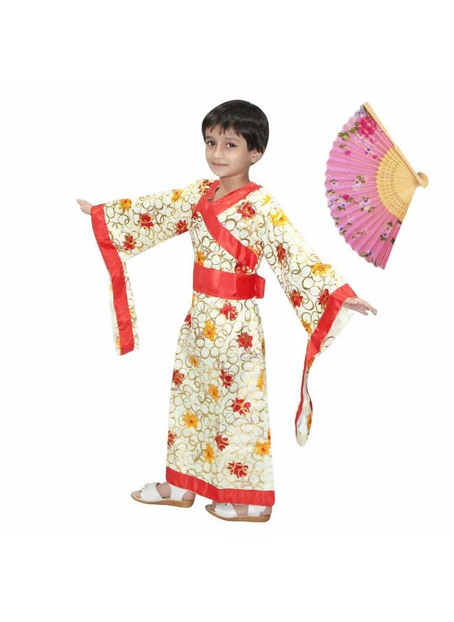 Kaku Fancy Dresses Polyester Kimono Dress For Girls With Fan | Japanese Kimono For Girls, Multicolor