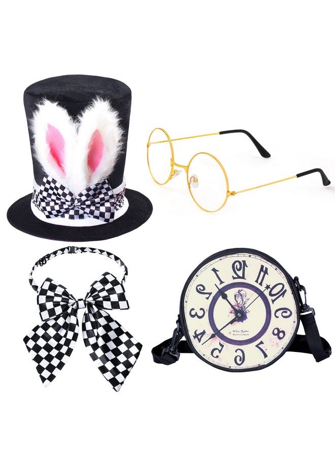 Keymall White Rabbit Costume Accessory Set 4 Pieces Bunny Ear Top Hat Bowtie Round Glasses Clock Props For Easter Halloween (Set A)