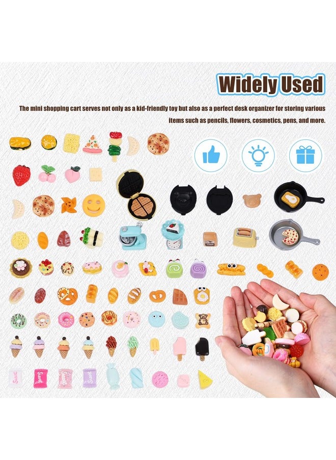 Shindel 173PCS Mini Shopping Cart Pretend Play Set, Supermarket Metal Handcart Toys Miniature Food Drink for Gift Birthday Boys Girls