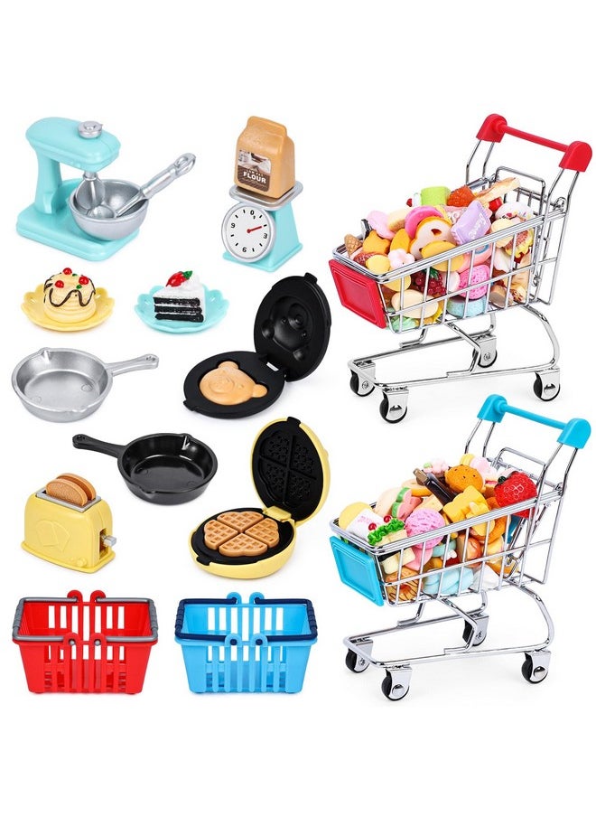 Shindel 173PCS Mini Shopping Cart Pretend Play Set, Supermarket Metal Handcart Toys Miniature Food Drink for Gift Birthday Boys Girls