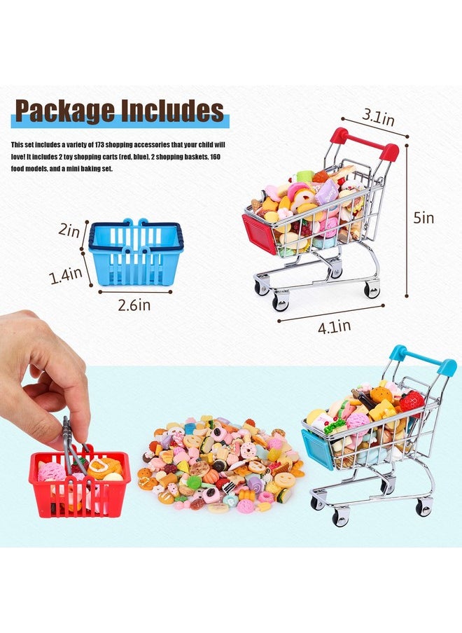Shindel 173PCS Mini Shopping Cart Pretend Play Set, Supermarket Metal Handcart Toys Miniature Food Drink for Gift Birthday Boys Girls