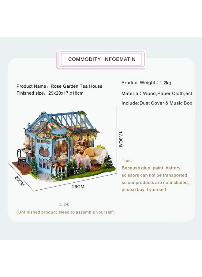 CUTEBEE Dollhouse Miniature House with Furniture, DIY Dollhouse Kit with Dust Proof, Music Movement, 1:24 Scale Creative Room for Valentine's Day Gift for Family and Friends (Rose Garden Tea House)
