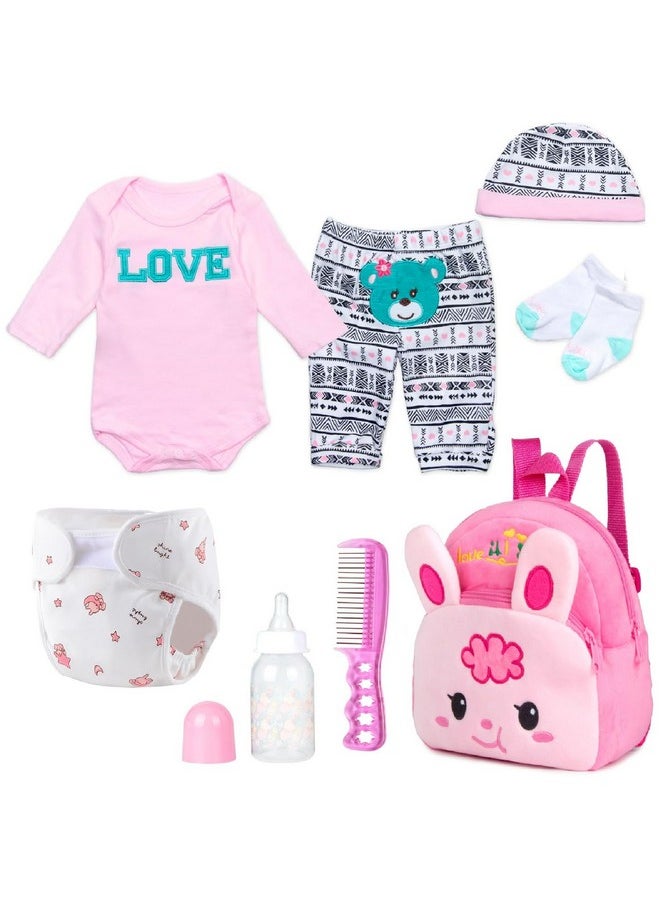 Reborn Baby Girl Doll Clothes Pink Outfits Accesories 8 Pcs Set with Backpack&Diaper for 17-22 Inch Reborn Doll Newborn Girl