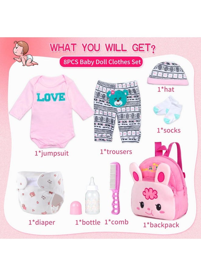 Reborn Baby Girl Doll Clothes Pink Outfits Accesories 8 Pcs Set with Backpack&Diaper for 17-22 Inch Reborn Doll Newborn Girl