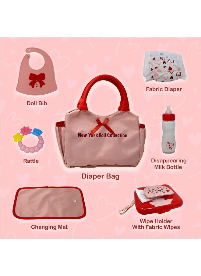 Baby Doll Diaper Bag Set with Accessories | Kids Pretend Diaper Bag Toy with Baby Doll Accessories Set (Includes Bottle, Bib, Changing Mat, Play Diaper, Rattle, Plastic Dispenser Box)