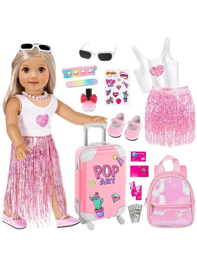 ebuddy 18 Inch Doll Clothes and Accessories-Fashion Fringe Dress with Travel Suitcase Backpack Manicure Playset Including Tassel Dress Set, Suitcase, Backpack, Glasses, Shoes, Nail kit(No Doll)