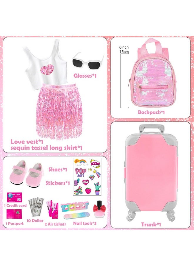 ebuddy 18 Inch Doll Clothes and Accessories-Fashion Fringe Dress with Travel Suitcase Backpack Manicure Playset Including Tassel Dress Set, Suitcase, Backpack, Glasses, Shoes, Nail kit(No Doll)