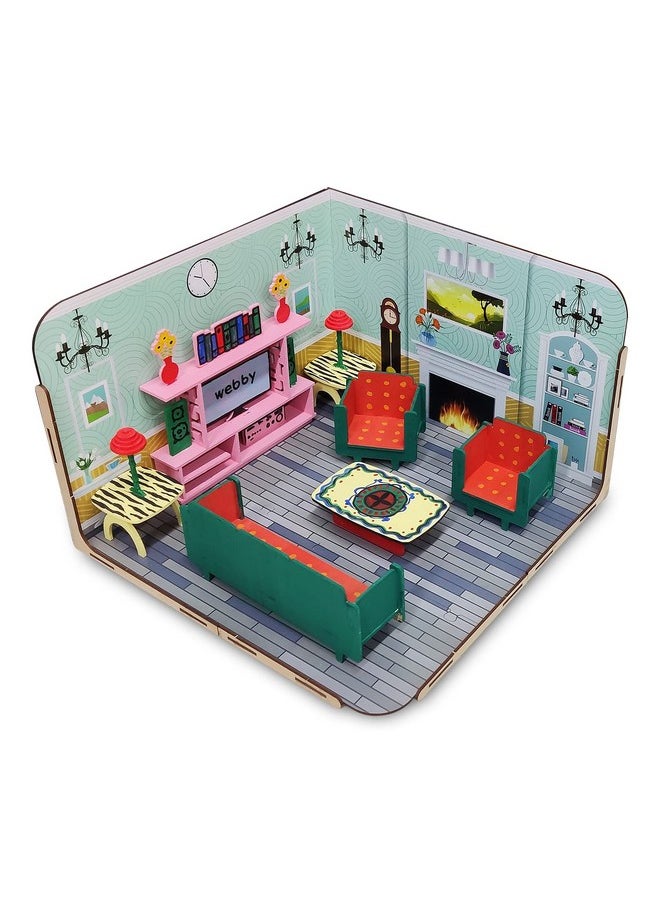Webby DIY Paint Your Pre-Assembled Living Room Furniture Wooden Dollhouse Kit for Kids