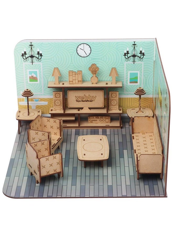 Webby DIY Paint Your Pre-Assembled Living Room Furniture Wooden Dollhouse Kit for Kids