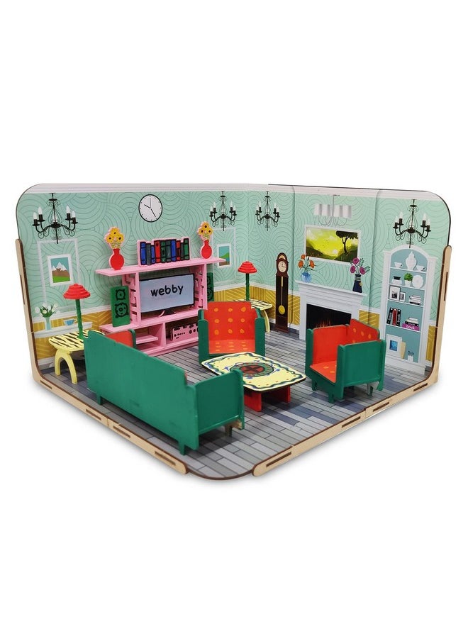 Webby DIY Paint Your Pre-Assembled Living Room Furniture Wooden Dollhouse Kit for Kids