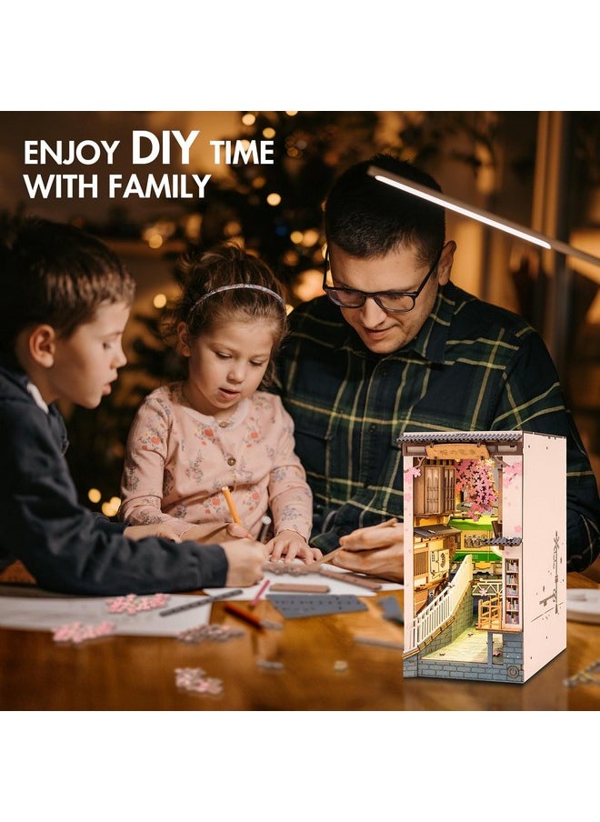 Rowood Book Nook Kit, Bookshelf Insert Decor Alley 3D Wooden Puzzle, DIY Bookend Building Set Model Kit with LED Light -Sakura Tram