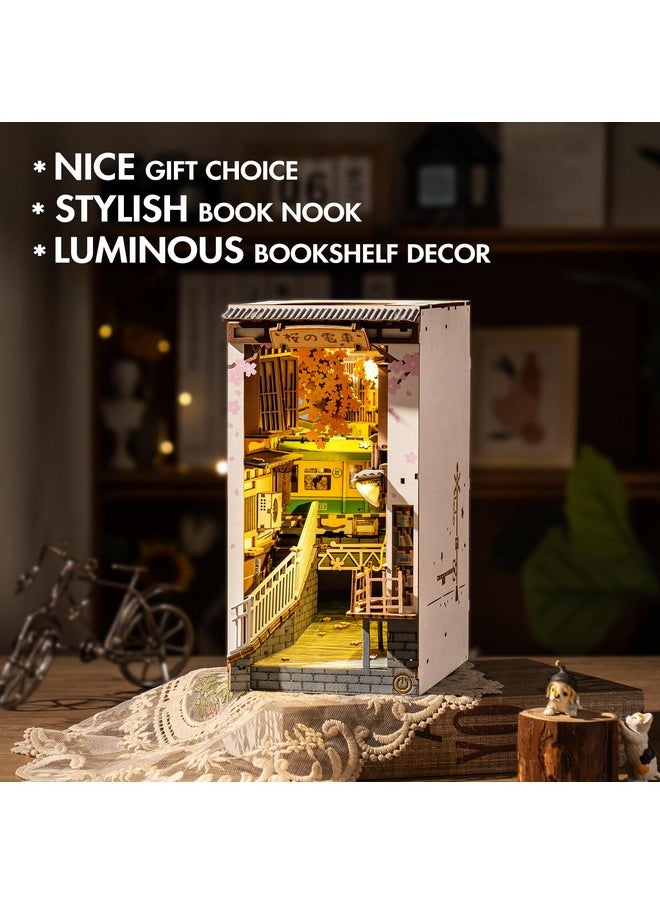 Rowood Book Nook Kit, Bookshelf Insert Decor Alley 3D Wooden Puzzle, DIY Bookend Building Set Model Kit with LED Light -Sakura Tram