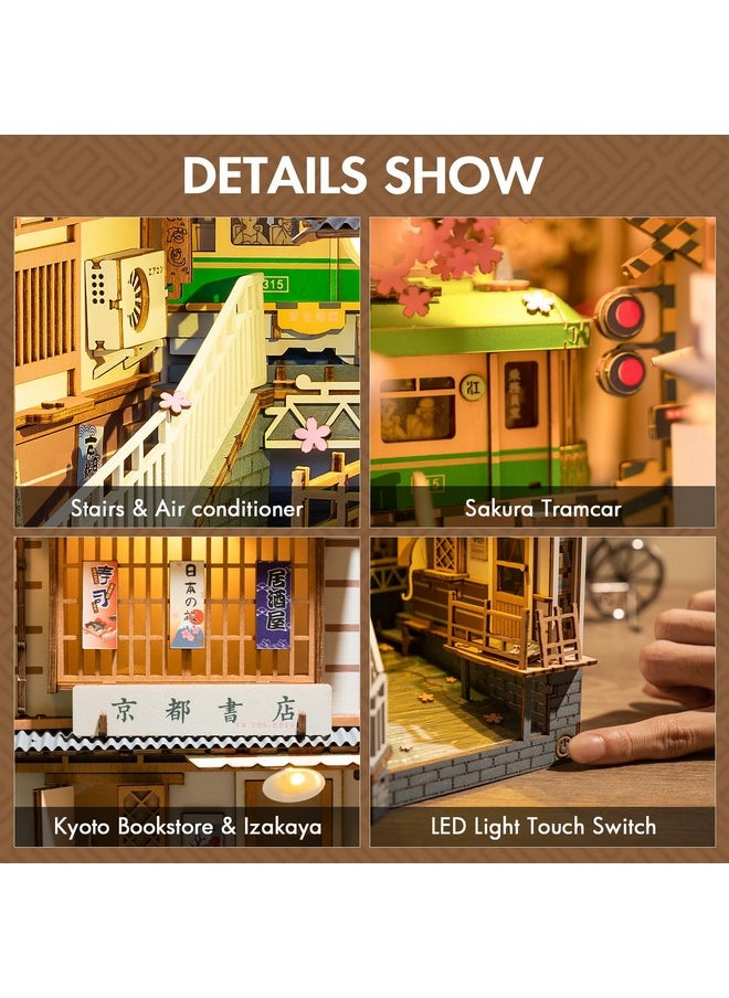 Rowood Book Nook Kit, Bookshelf Insert Decor Alley 3D Wooden Puzzle, DIY Bookend Building Set Model Kit with LED Light -Sakura Tram