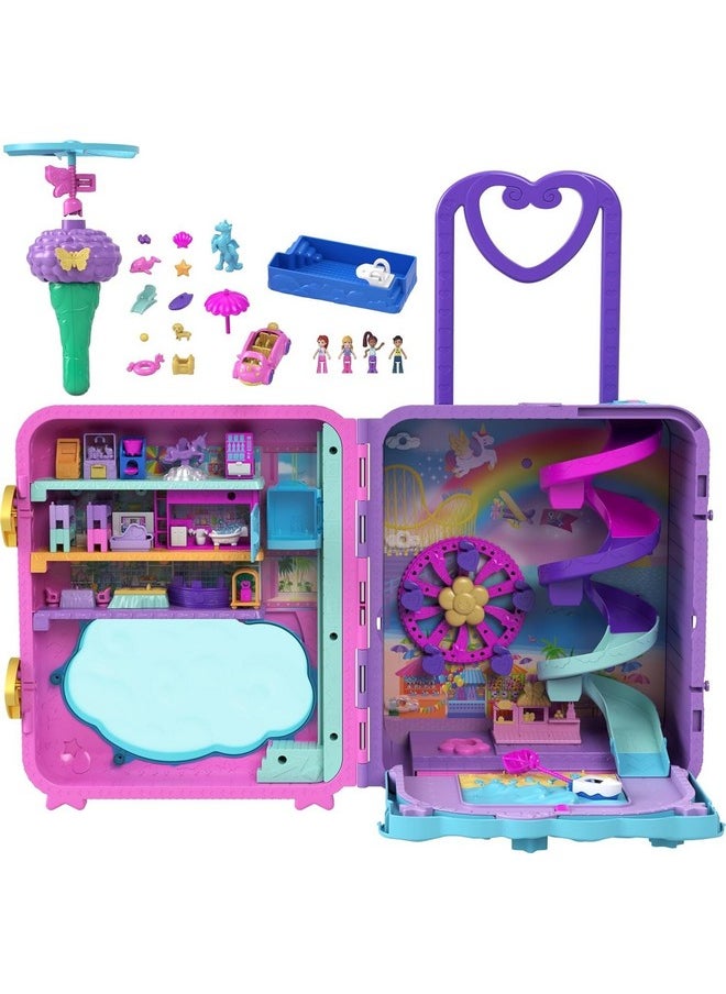 Polly Pocket Pollyville Playset, Resort Rollaway Suitcase, Large Travel Toy with 4 Dolls, Car, 25+ Accessories & Storage