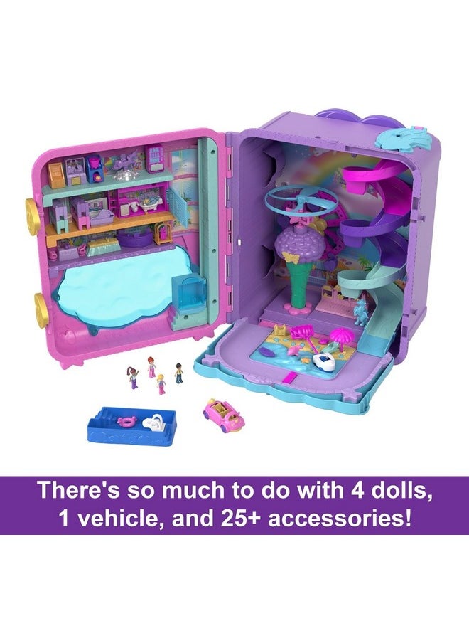 Polly Pocket Pollyville Playset, Resort Rollaway Suitcase, Large Travel Toy with 4 Dolls, Car, 25+ Accessories & Storage