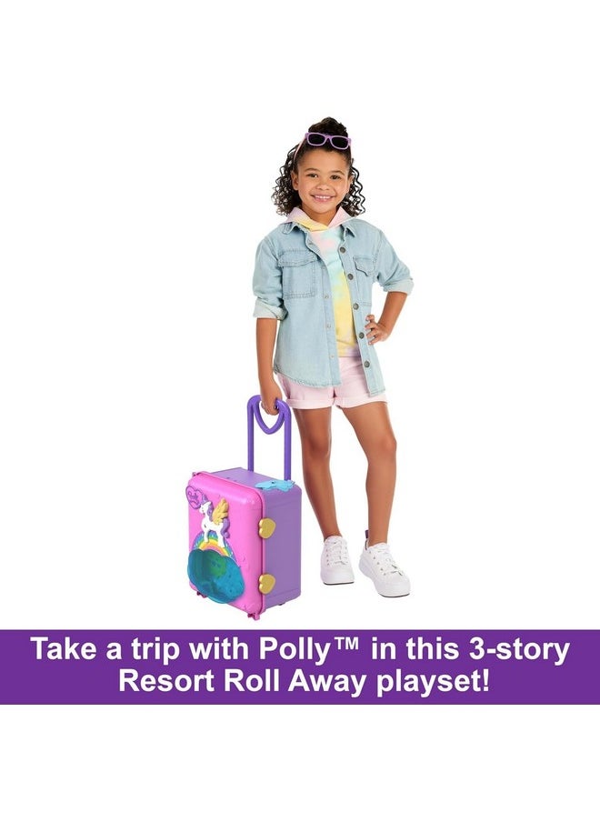 Polly Pocket Pollyville Playset, Resort Rollaway Suitcase, Large Travel Toy with 4 Dolls, Car, 25+ Accessories & Storage