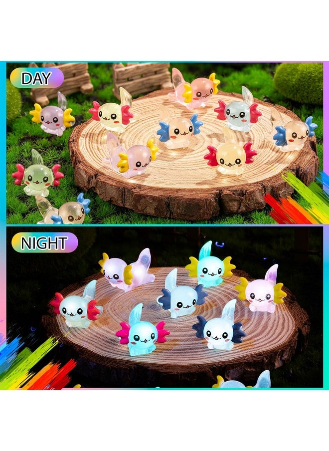 FFNIU 64Pcs Luminous Mini Resin Axolotl, Miniature Axolotl Figurines, Glow in The Dark Tiny Axolotl Ornament for Garden Landscape Aquarium Dollhouse Birthday Party Room Crafts Decor