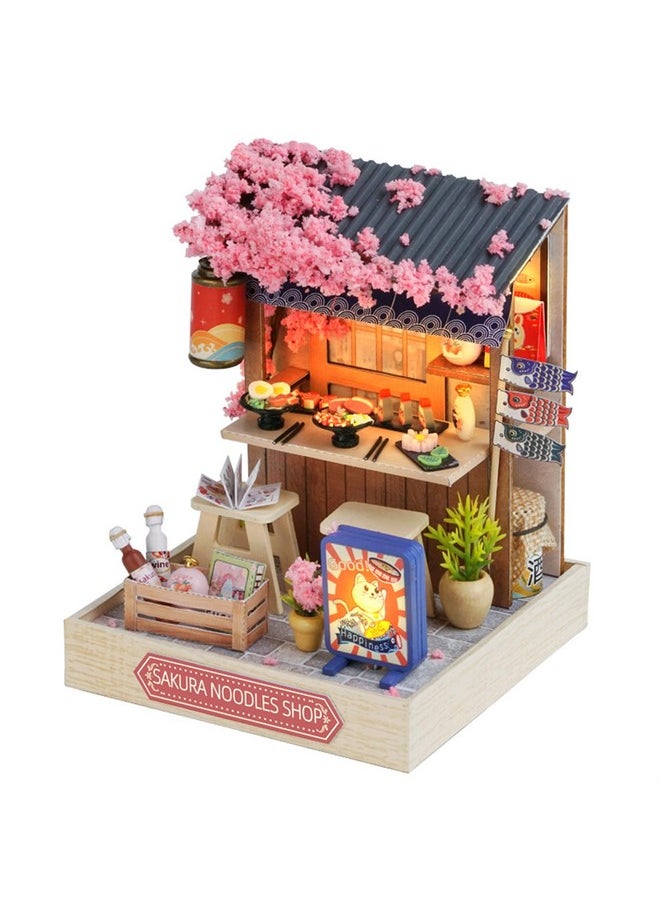 Kisoy Dollhouse Miniature with Furniture Kit, DIY 3D Wooden DIY House Kit with Dust Cover, Handmade Tiny House Toys for Teens Adults Gift (Sakura Noodles Shop)