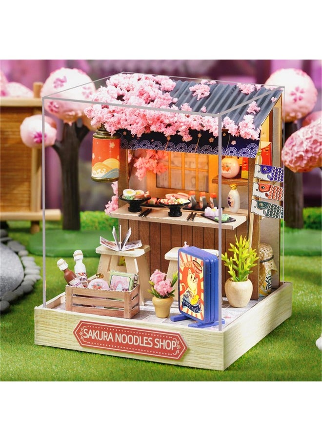Kisoy Dollhouse Miniature with Furniture Kit, DIY 3D Wooden DIY House Kit with Dust Cover, Handmade Tiny House Toys for Teens Adults Gift (Sakura Noodles Shop)