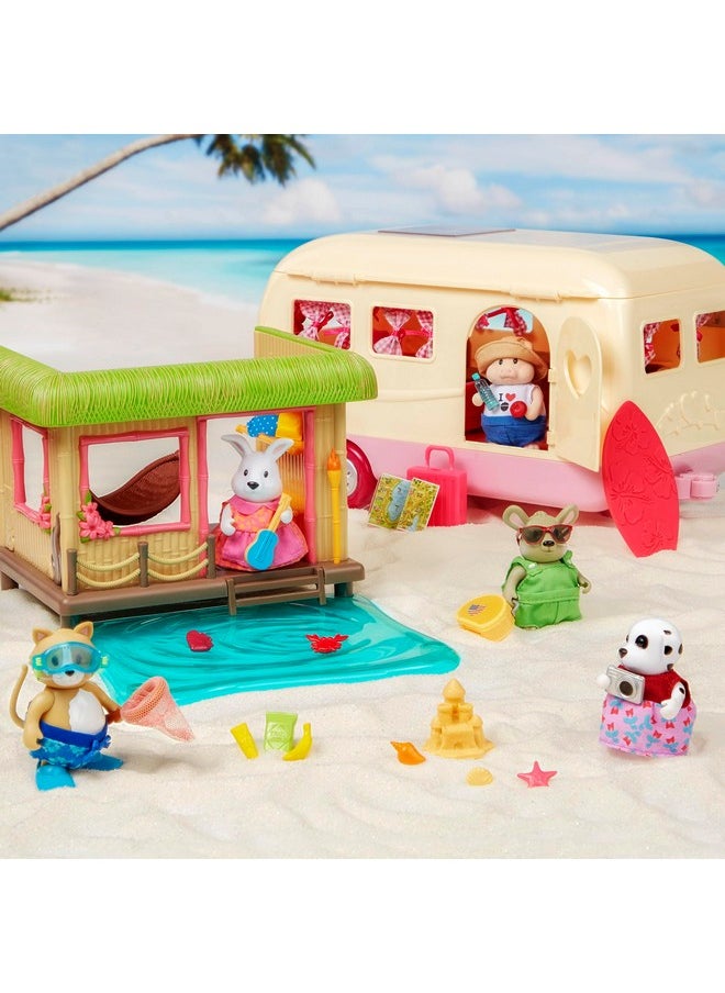 Li’l Woodzeez - Sunshine Tiki Hut Beach Party - Stackable Dollhouse Playset - 2 Posable Doll Figures & 1 Storybook Included - Miniature Beach Toys & Accessories - Pretend Play Toy Gift for Kids 3+