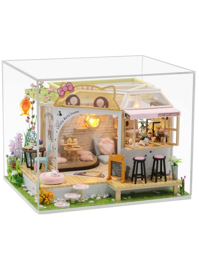 MAGQOO Dollhouse Miniature with Furniture DIY Wooden Dollhouse Kit Tiny House Kit DIY House Kit Creative Room Idea Dust Proof Included (Cat Coffee Garden)
