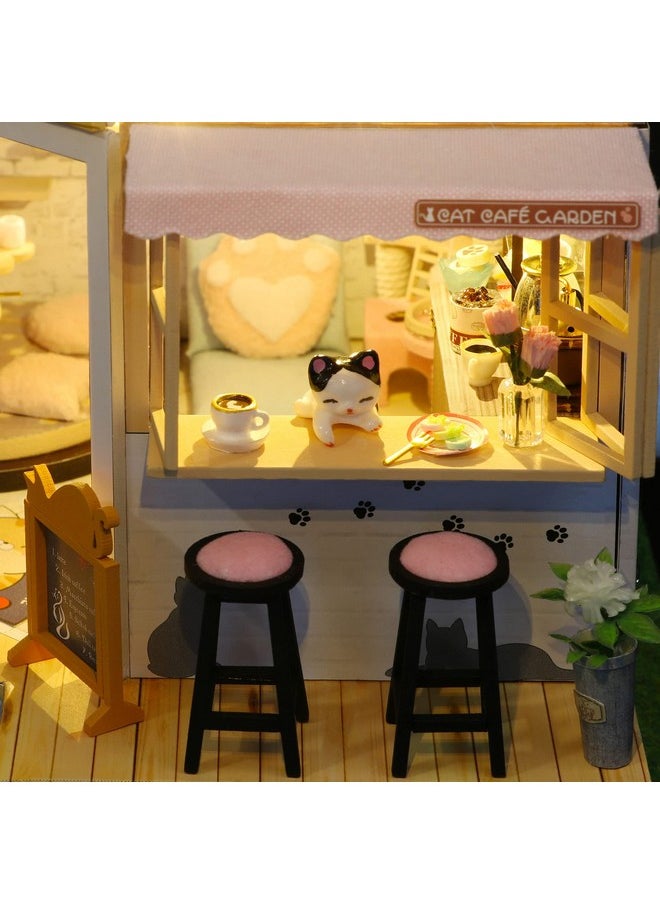 MAGQOO Dollhouse Miniature with Furniture DIY Wooden Dollhouse Kit Tiny House Kit DIY House Kit Creative Room Idea Dust Proof Included (Cat Coffee Garden)
