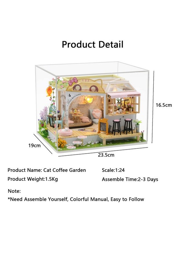 MAGQOO Dollhouse Miniature with Furniture DIY Wooden Dollhouse Kit Tiny House Kit DIY House Kit Creative Room Idea Dust Proof Included (Cat Coffee Garden)