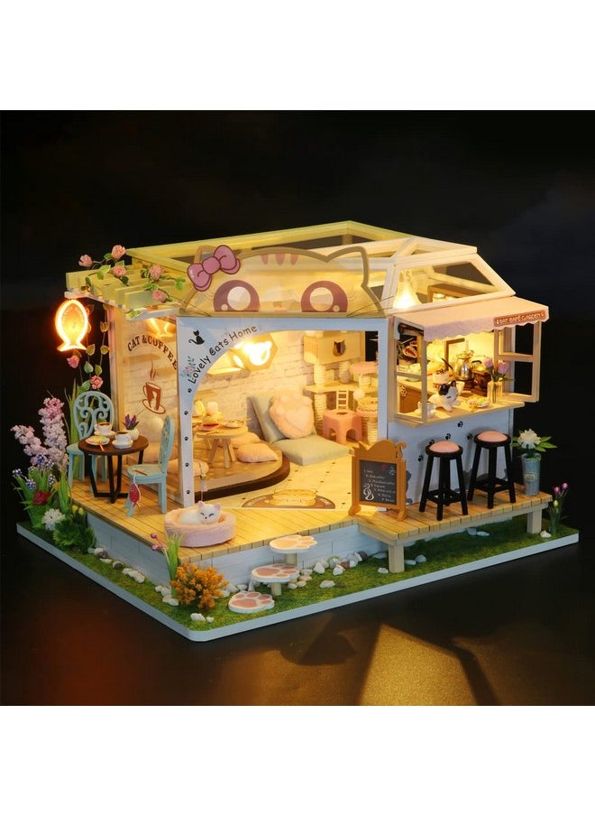 MAGQOO Dollhouse Miniature with Furniture DIY Wooden Dollhouse Kit Tiny House Kit DIY House Kit Creative Room Idea Dust Proof Included (Cat Coffee Garden)