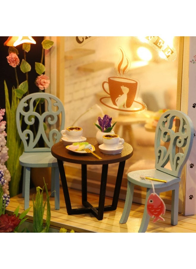 MAGQOO Dollhouse Miniature with Furniture DIY Wooden Dollhouse Kit Tiny House Kit DIY House Kit Creative Room Idea Dust Proof Included (Cat Coffee Garden)