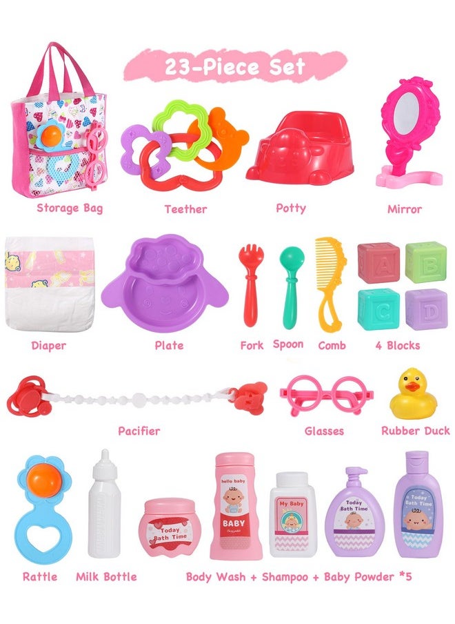 GAGAKU 23 Pack Baby Doll Accessories Set Baby Doll Feeding and Caring Set Includes Diaper Bag,Doll Diapers,Toys, Bottles,Pretend Play Set,Shower,Eating,and More, Perfect for Kids Toddlers and Girls