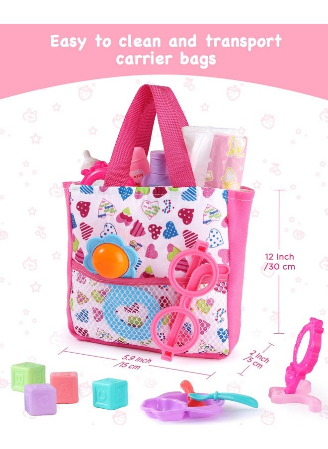 GAGAKU 23 Pack Baby Doll Accessories Set Baby Doll Feeding and Caring Set Includes Diaper Bag,Doll Diapers,Toys, Bottles,Pretend Play Set,Shower,Eating,and More, Perfect for Kids Toddlers and Girls
