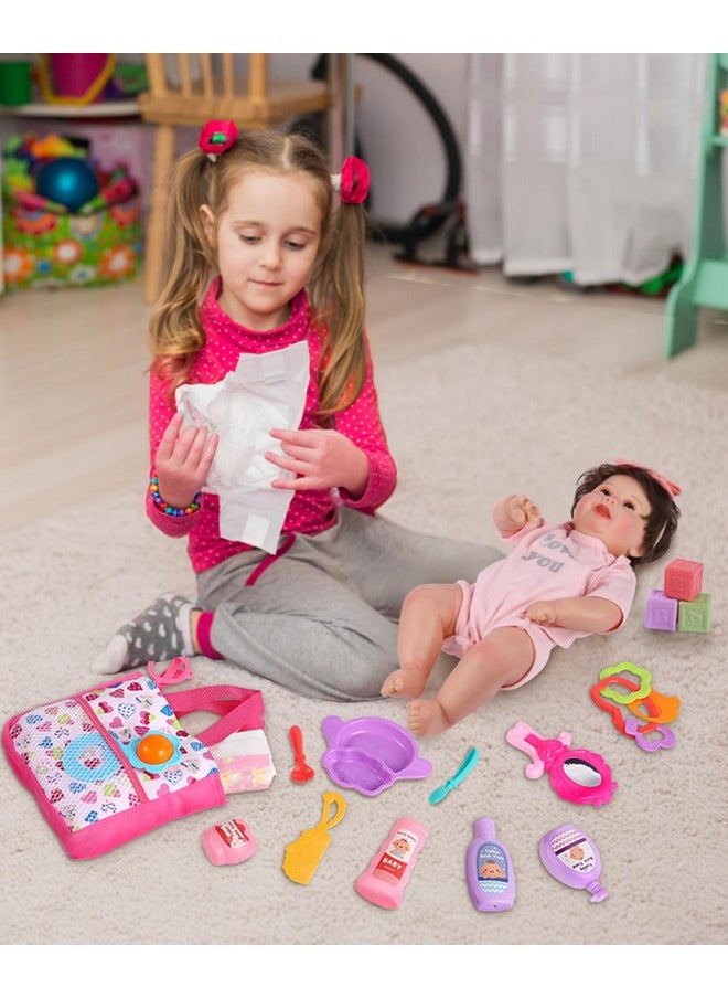 GAGAKU 23 Pack Baby Doll Accessories Set Baby Doll Feeding and Caring Set Includes Diaper Bag,Doll Diapers,Toys, Bottles,Pretend Play Set,Shower,Eating,and More, Perfect for Kids Toddlers and Girls