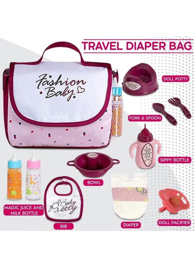 Fash N Kolor - Complete Baby Doll Changing Travel Diaper Bag with Baby Doll Accessories Set -Including 2 Magic Bottles, Pacifier, Pamper and lot more Accessories for your Baby Doll Bag