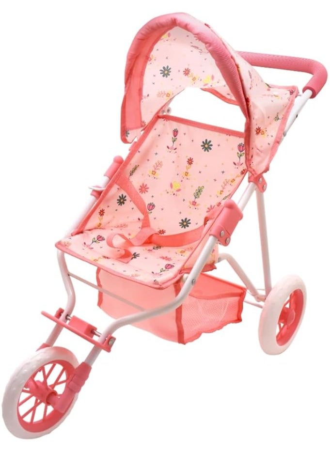 Dolls World Deluxe 3-Wheel Folding Stroller with Canopy & Basket | Fits Dolls Up to 22