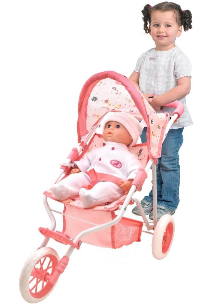 Dolls World Deluxe 3-Wheel Folding Stroller with Canopy & Basket | Fits Dolls Up to 22