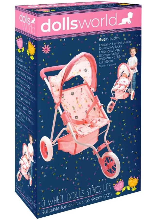 Dolls World Deluxe 3-Wheel Folding Stroller with Canopy & Basket | Fits Dolls Up to 22