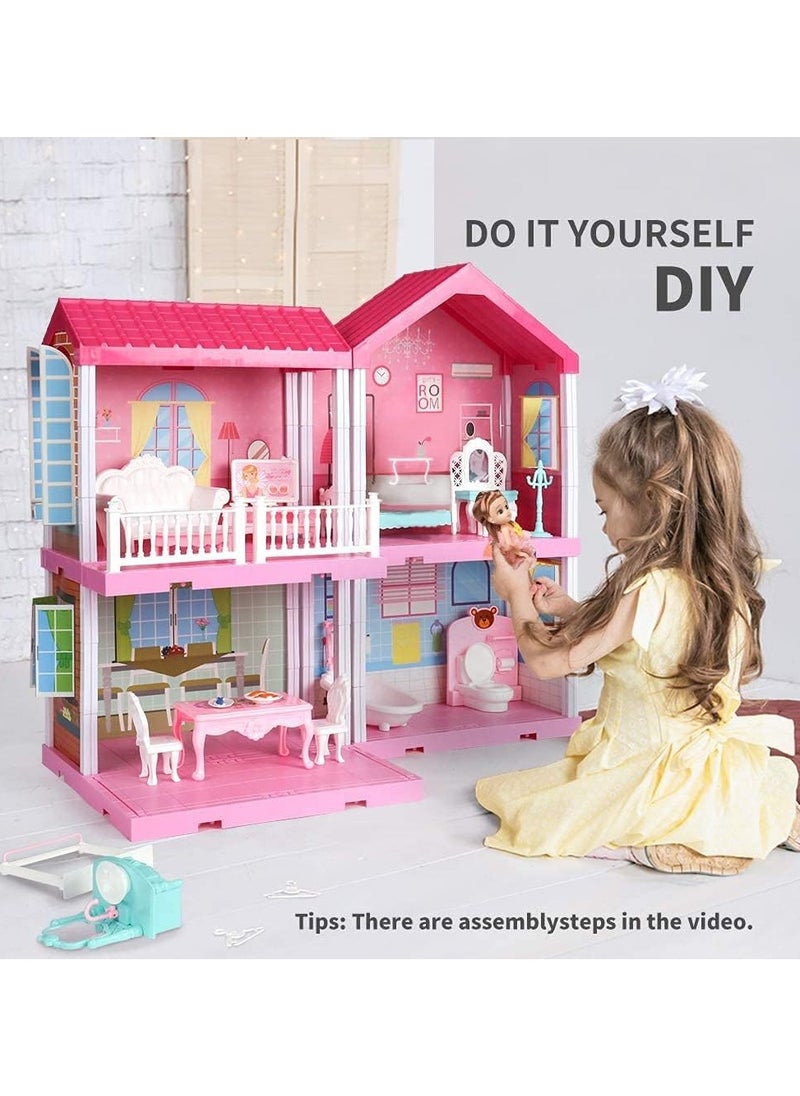 DIY Dollhouse Dreamhouse Building Toy with Furniture, Pets & Dolls – 11 Rooms Playhouse, Movable Slides – Perfect Gift for Boys & Girls