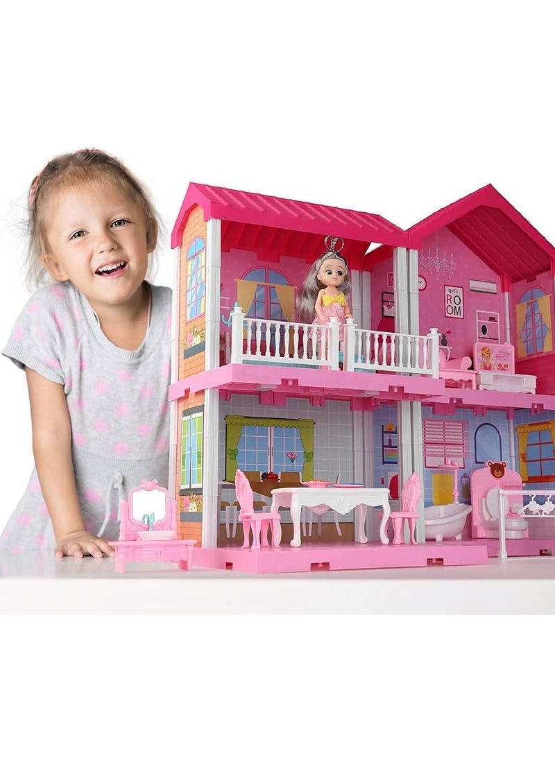 DIY Dollhouse Dreamhouse Building Toy with Furniture, Pets & Dolls – 11 Rooms Playhouse, Movable Slides – Perfect Gift for Boys & Girls