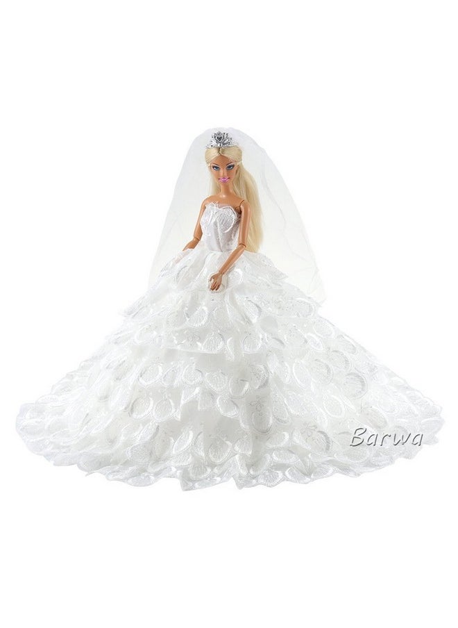 BARWA Wedding Dress Princess Evening Party White Dress Gown with Veil for 11.5 inch Dolls